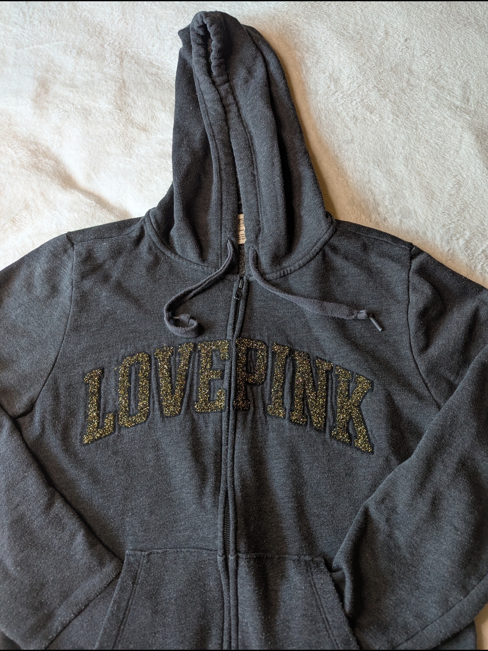 PINK Victoria's Secret Charcoal Gray 'LOVE PINK' Zip-Up Hoodie - Picture 2 of 9